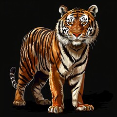 Obraz premium Majestic Bengal Tiger Standing Powerful Wild Cat Portrait Orange Stripes Black Background