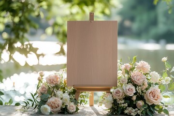 Elegant Wooden Easel with Floral Arrangement in Sunlit Garden