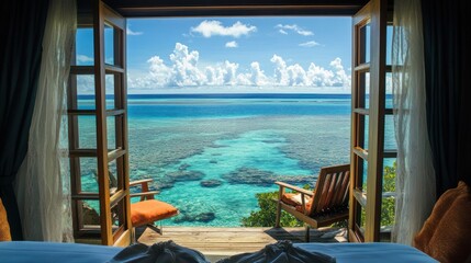 Fototapeta premium Ocean View Paradise: Wake up to Breathtaking Coral Reef