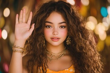 Captivating Stock Photo Hispanic teen girl waving at online teacher, bright student enthusiastically participates in her video call, embraces distance learning with a smile, illustrating modern