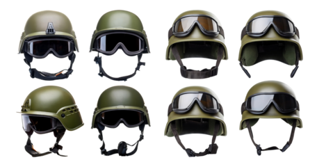 Diverse Collection of Military Helmets and Goggles on White Background, isolated on transparent background