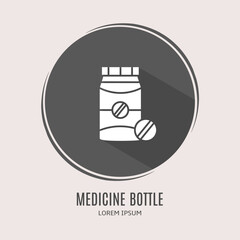 Symbol medicine bottle logo. Illustration of medicine bottle in flat. Stock vector.