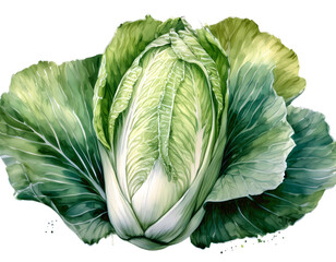 Obraz premium A watercolor painting of a vibrant, leafy green Napa cabbage, its textured leaves overlapping to form a semi-circular shape