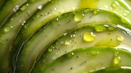 Sliced cucumbers with water droplets, salt and pepper in close up view