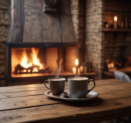 A warm cup of coffee on a wooden table in front of a fireplace in a rustic cafe, rustic decor, vintage furniture, cup