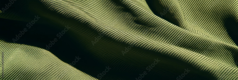 Poster dark olive green cotton fabric with herringbone weave and diagonal pattern on bright background