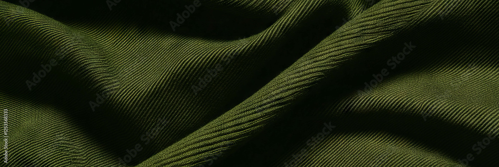 Poster dark olive green cotton fabric with herringbone weave and diagonal pattern on bright backdrop