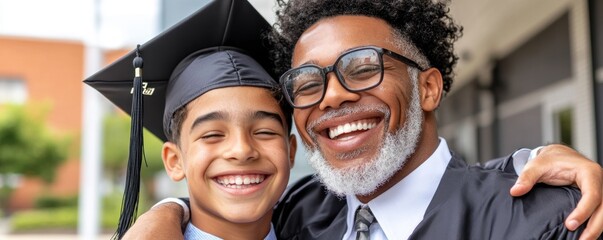 Celebrate academic achievement with this heartwarming image of a proud father hugging his graduating son Witness the pure joy and paternal love as the son marks a significant milestone This touching