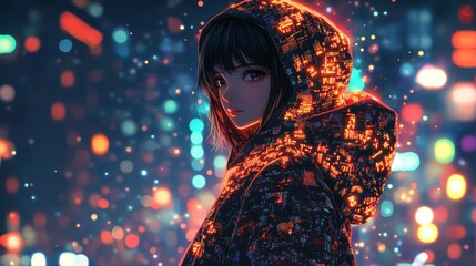 Anime girl in glowing digital city hoodie stands out in bokeh