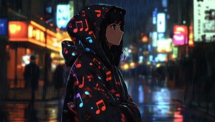 Anime girl stands in rainy city wearing musical note hoodie