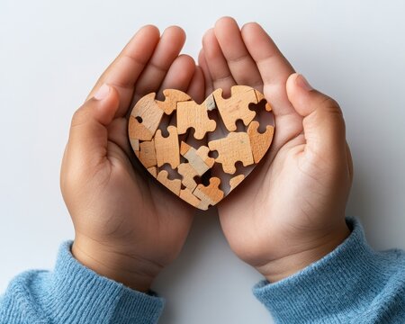Celebrate World Autism Awareness Day with this heartwarming image of a childs hands holding a heart on a white background A symbol of love, support, and understanding for individuals with autism - Powered by Adobe