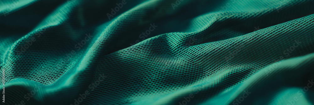 Poster deep emerald green cotton fabric with pique weave and textured pattern on bright background