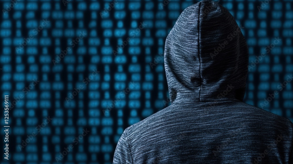 Poster a figure in a hoodie stands before a digital backdrop of binary code, embodying themes of cybersecur