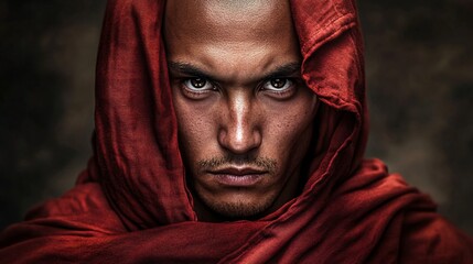 mysterious monk in red robe portrait
