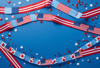 Obraz premium Presidents Day Banner with American Flags, Ribbon, Horizontal Border and Confetti Stars of USA Independence Day, American Labor Day on Blue Background