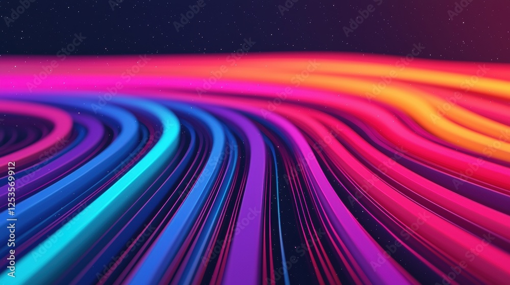 Poster a vibrant, abstract image featuring flowing lines of multicolored light, creating a dynamic and capt