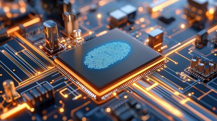 A high-tech microchip features a glowing fingerprint, symbolizing security and technology in a digital circuit environment.