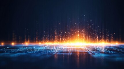 A vibrant, digital landscape featuring glowing lines and particles, creating a sense of depth and technological advancement.