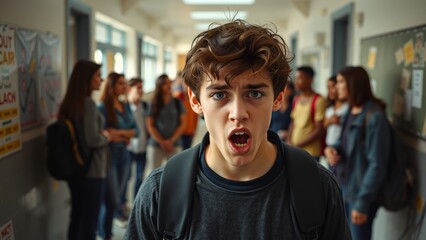 Fototapeta premium Distressed Teenager in School Hallway Expressing Emotion and Struggle