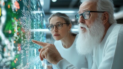 cross-functional teamwork. Collaboration between an elderly man and a woman examining digital data.