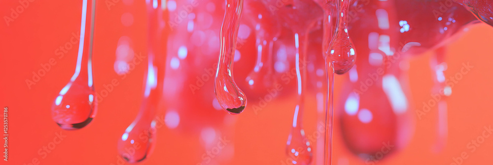 Poster Droplets merge and drip to form a dynamic fluid pattern on a bright background