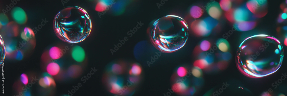 Poster Droplets sparkle with reflections on dark surface against bright background in a dynamic display
