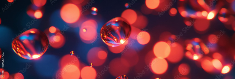 Poster droplets on dark surface creating stunning reflections and highlights with bright background