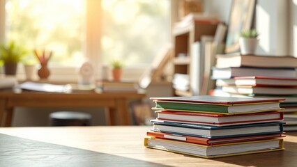 Fototapeta premium Stacked Colorful Books on a Wooden Table in a Bright Workspace