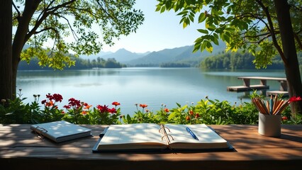 Tranquil Outdoor Workspace with Scenic Lake and Mountain View