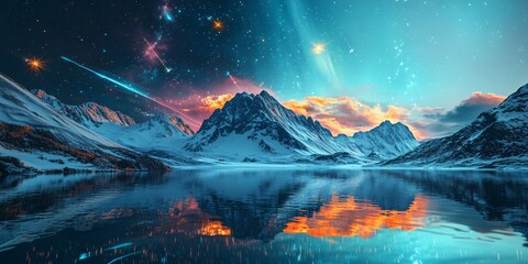 Obraz premium snowy landscape with aurora and stars reflection in lake