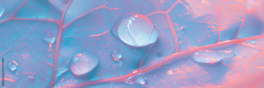 Poster droplets on a leaf reflecting background colors and textures under bright light