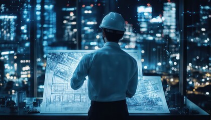 Fototapeta premium Architect examining blueprints with city skyline visible at night
