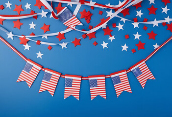 Fototapeta premium Presidents Day Banner with American Flags, Ribbon, Horizontal Border and Confetti Stars of USA Independence Day, American Labor Day on Blue Background