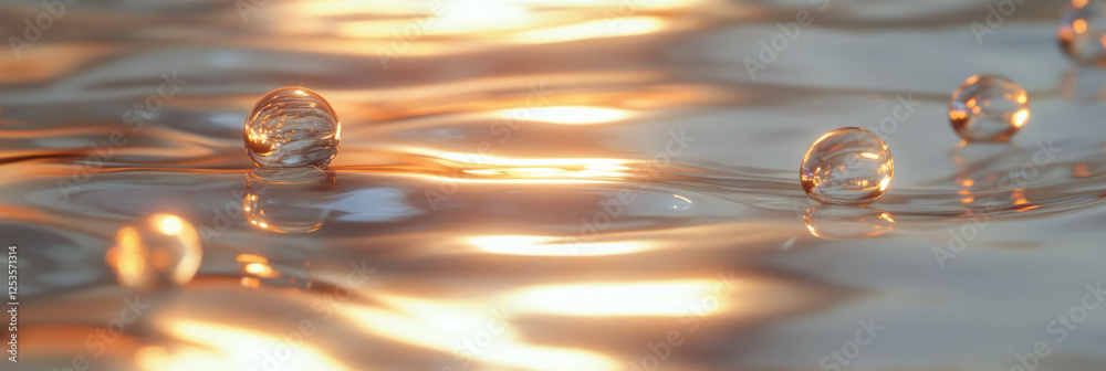 Poster droplets glistening on a light surface with soft shadows and bright reflections