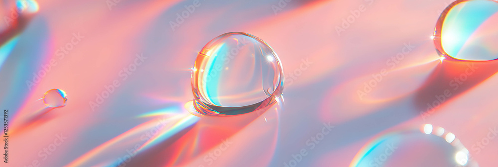 Poster Droplets create soft shadows and reflections on a light surface against a bright background
