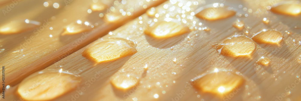Poster Droplets rest on a light wooden surface creating subtle reflections and soft shadows in bright light