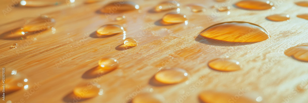 Poster droplets glisten on light wooden surface creating soft reflections and shadows