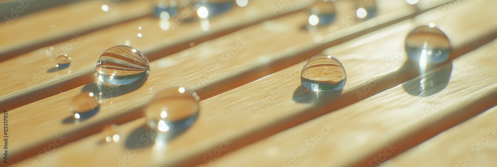 Poster droplets glisten on light wooden surface creating soft reflections and shadows