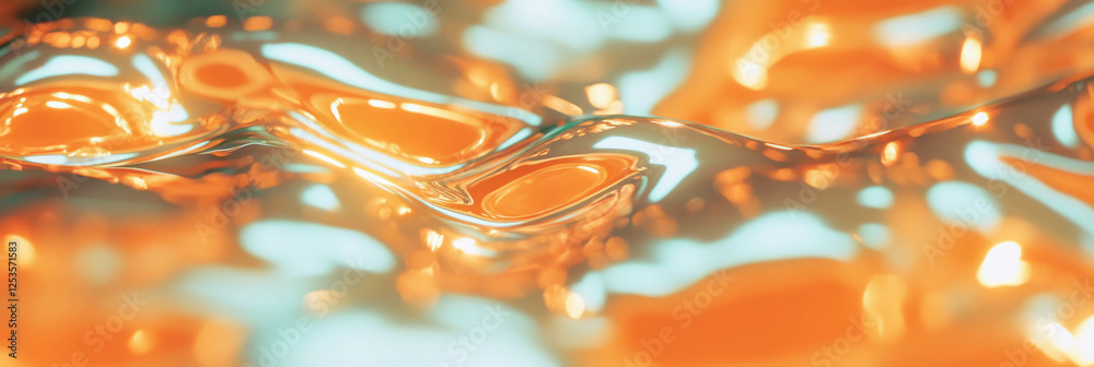 Poster droplets create vibrant reflections on metallic surface with bright background for visual appeal