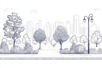 Urban park sketch, trees, pathway, city skyline.  Illustration for design