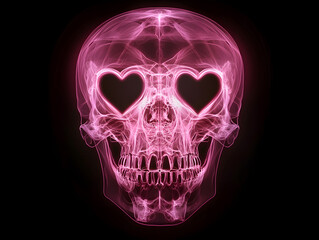 Obraz premium Neon pink skull with heart-shaped eyes creates an intriguing visual for Valentine's Day lover-themed art