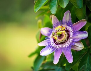 beautiful purple passion flower or passion vine passiflora incarnata blooming in the summer garden natural soft green background with copy space