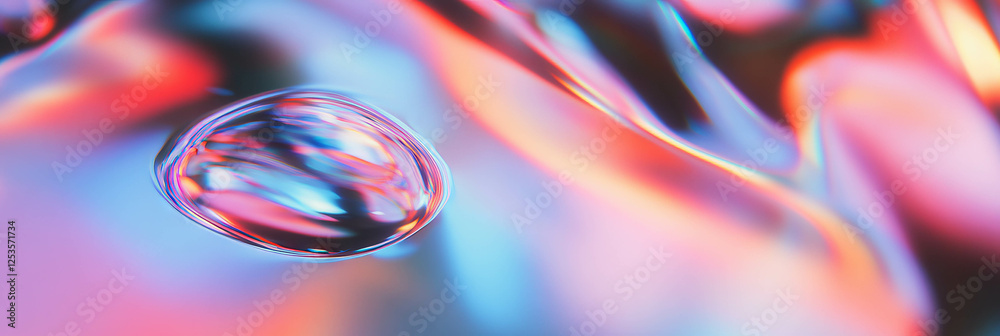 Poster Droplets on metallic surface create vibrant reflections and abstract patterns