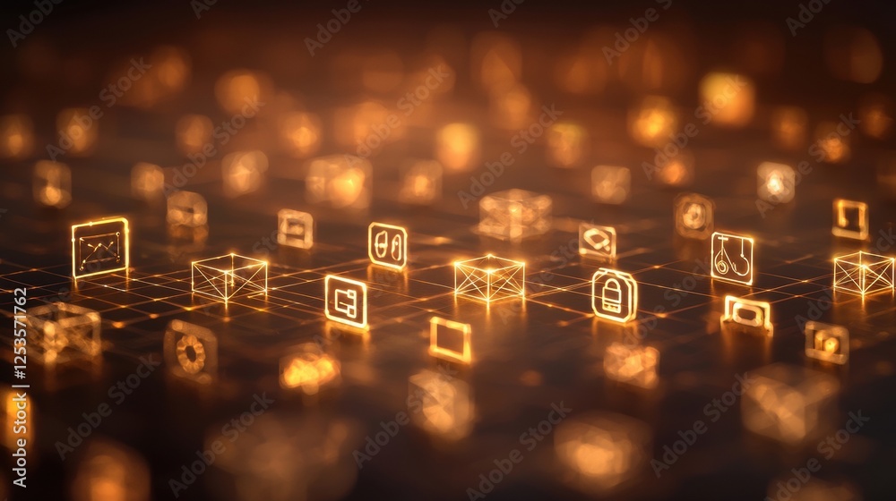 Poster a dynamic array of glowing digital icons floats over a grid, representing technology, connectivity, 