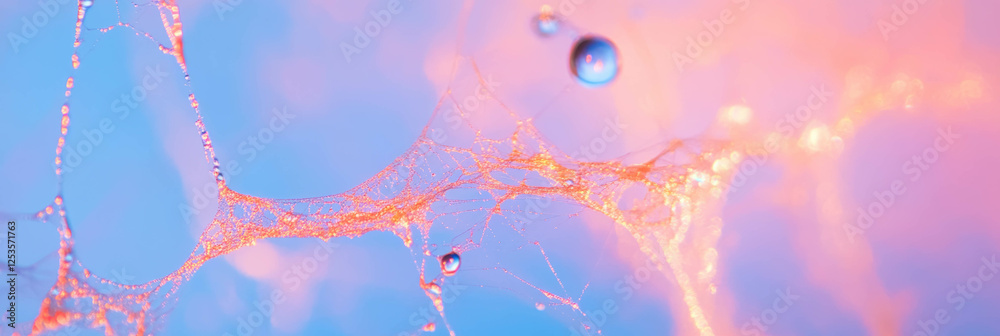 Poster Droplets create intricate patterns on spider webs under bright light