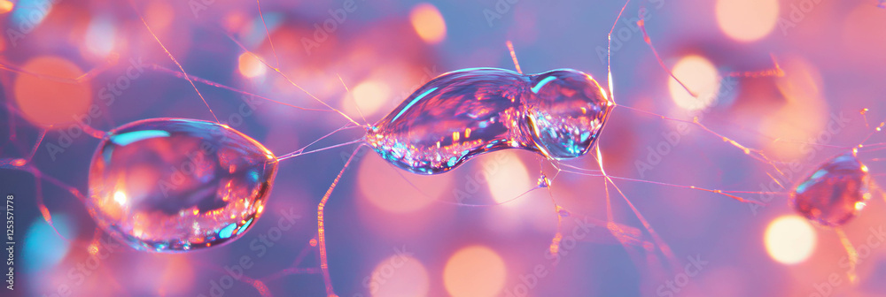 Poster Delicate droplets on a spider web create intricate patterns against a bright background