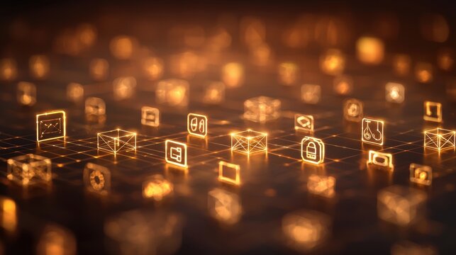 A dynamic array of glowing digital icons floats over a grid, representing technology, connectivity, and innovation in a futuristic setting.