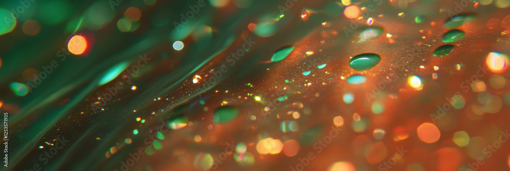 Aufkleber droplets rest on a textured fabric, reflecting light and absorbing color from the bright background
