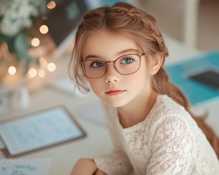 Empowering Education Witness a Young Girl Learning Online with a Remote Math Teacher This image captures the essence of modern learning, showcasing the seamless integration of technology and