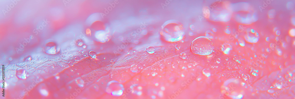 Poster droplets create reflections on a textured leaf under bright light conditions